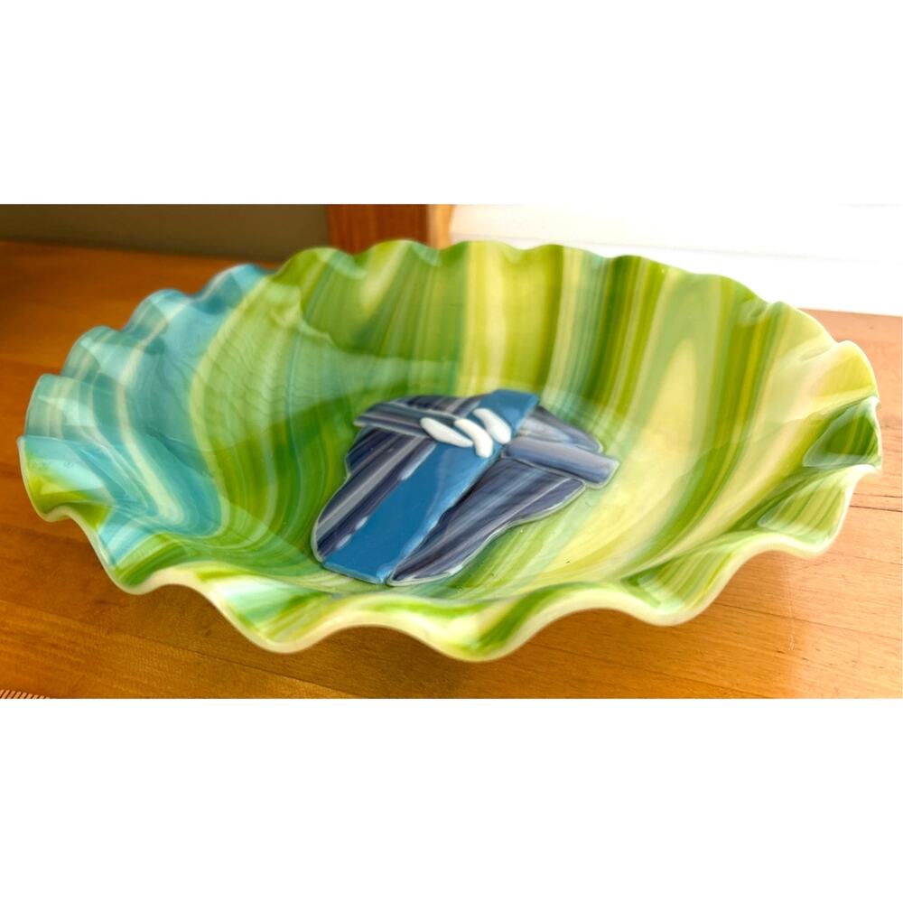 Fused Glass Ruffle Edge Plate Dish Bowl Green Yellow